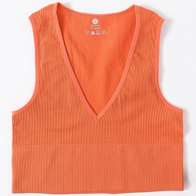 Women's ribbed seamless orange tank top with deep V-neck, perfect for yoga and running. SF0034. 88% polyester, 12% spandex.